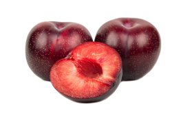 Big,Red,Plum,With,Juicy,Half,On,White,Background