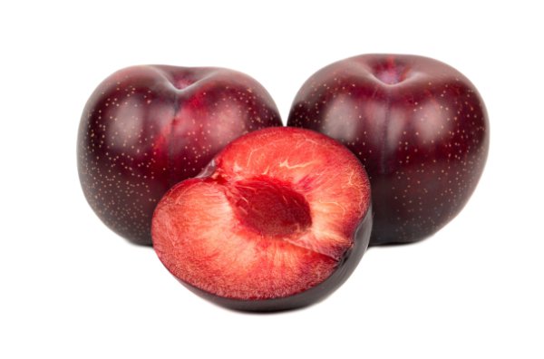 Big,Red,Plum,With,Juicy,Half,On,White,Background